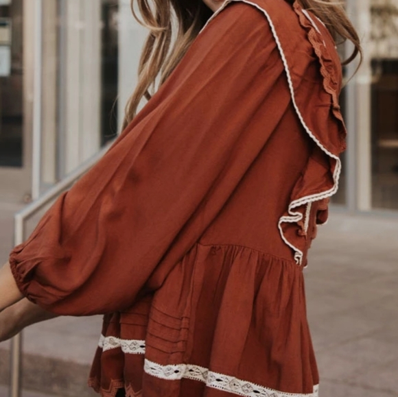 Boho Rust Ruffle and Lace Blouse - Picture 3 of 7